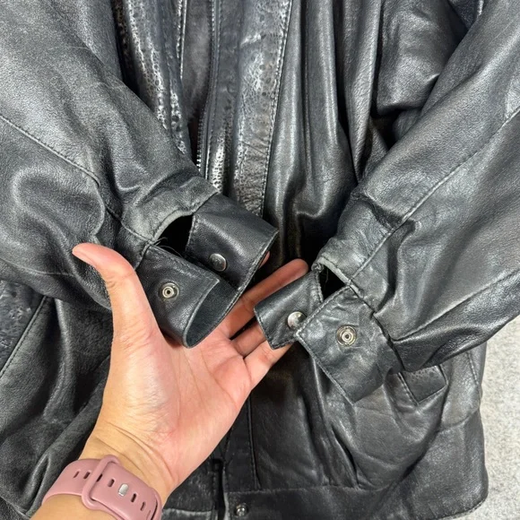 Vintage 80s Black Leather Bomber Jacket Women Oversized Puff Sleeve Retro Grunge - Picture 10 of 16